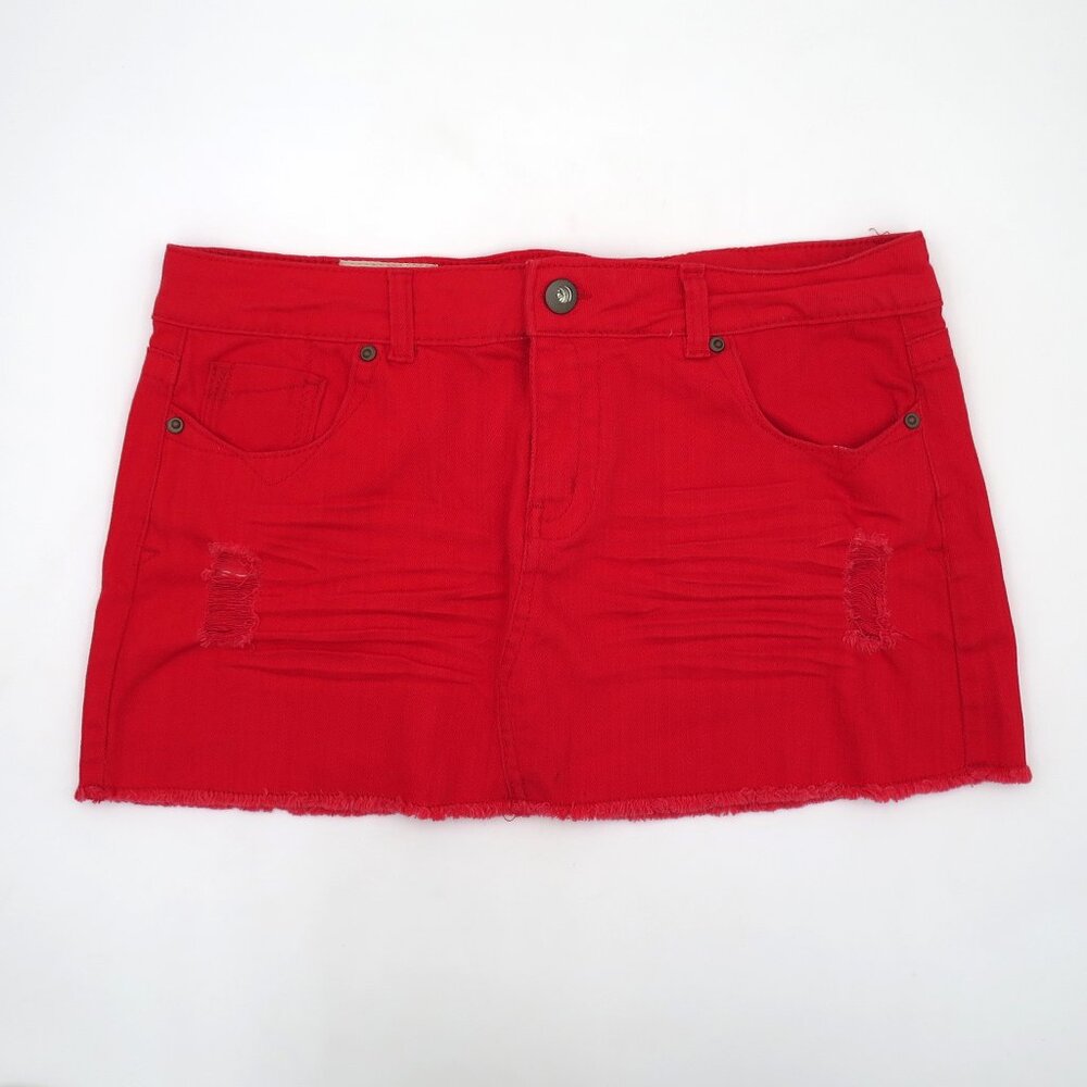 1st Kiss Bright Red Stretch Twill Distressed Micro Mini Skirt 11 NWOT Y2K